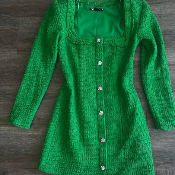 Green Zara Tweed Embellished Long Sleeve Mini Dress - Picture 2 of 5